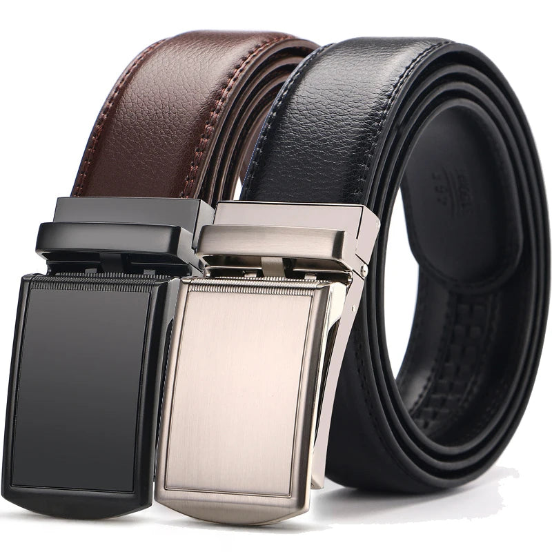 Men's leather belt set including black and brown belts with elegant buckles for formal and casual wear.