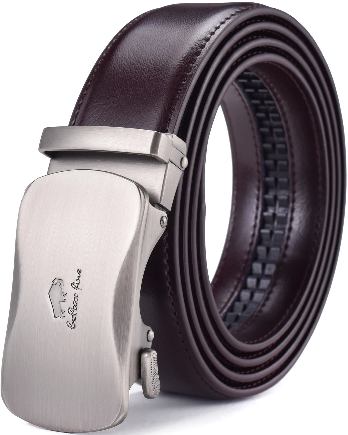 Elegant men's leather ratchet dress belt with a sleek automatic sliding buckle, perfect for business or formal outfits.