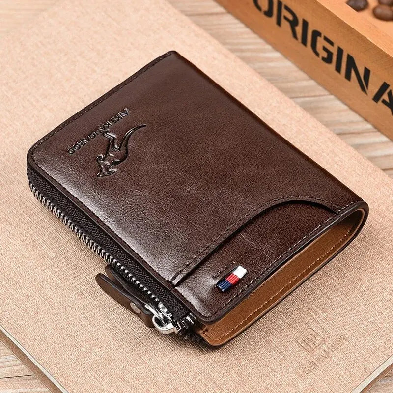 Men's Leather Wallet with RFID Protection, Business Card Holder, Zipper Purse, Luxury Wallet.