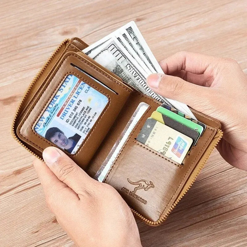 Men's Leather Wallet with RFID Protection, Business Card Holder, Zipper Purse, Luxury Wallet.