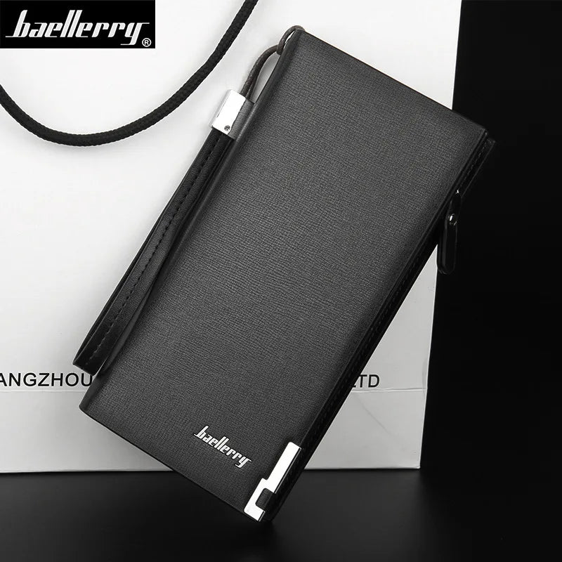 Baellerry men’s long wallet with zipper closure, coin pocket, and multiple card slots in a sleek business design.

