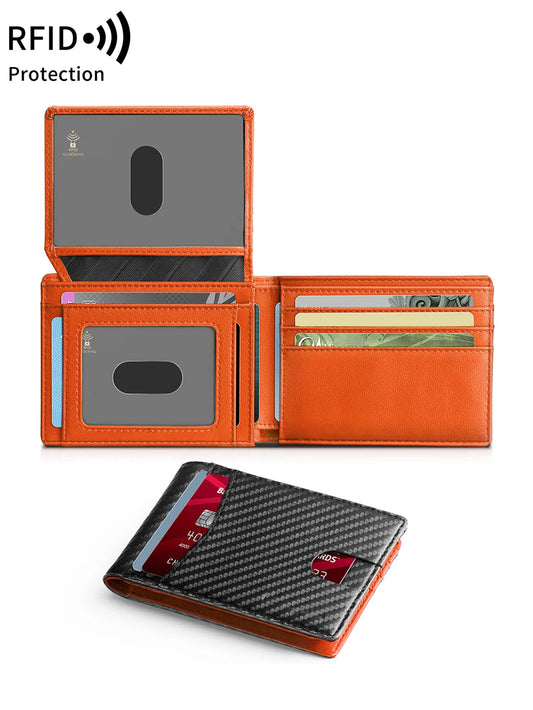 Carbon fiber trifold men’s wallet with ID window, RFID protection, 13 card slots, and coin compartment.

