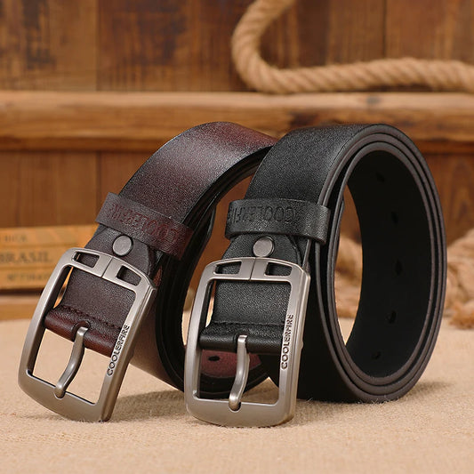 Classic men’s leather belt crafted from genuine cowskin with a vintage Western-style buckle, ideal for casual and formal outfits.