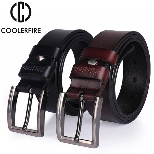 Luxury men's genuine cowhide leather belt with a classic metal pin buckle design for business and casual wear.

