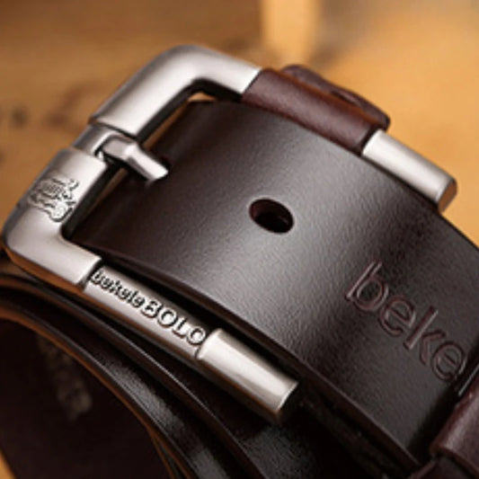 Elegant men's cowhide leather belt featuring a strong metal pin buckle – perfect for formal and casual outfits