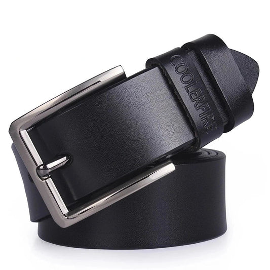 Luxury men's genuine cowhide leather belt with a classic metal pin buckle design for business and casual wear.


