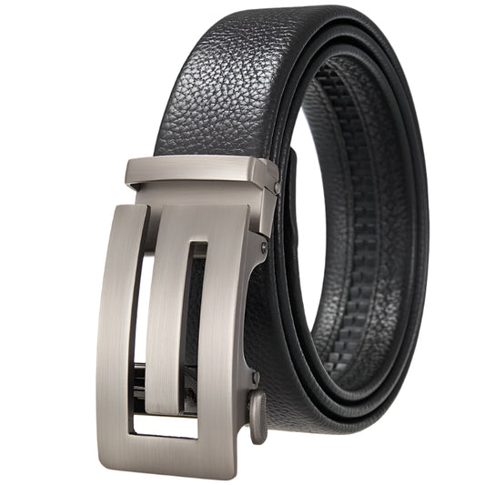 Men’s leather belt with fashion-forward automatic buckle, ideal for business suits and casual jeans.

