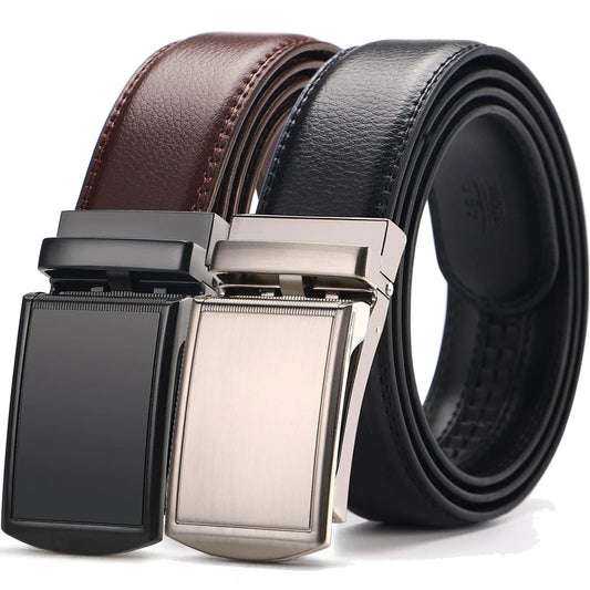 Men's leather belt set including black and brown belts with elegant buckles for formal and casual wear.

