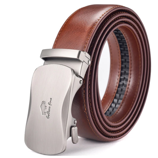 Elegant men's leather ratchet dress belt with a sleek automatic sliding buckle, perfect for business or formal outfits.

