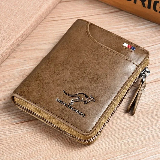 Premium men’s leather wallet with RFID protection, zipper compartment, and business card slots.

