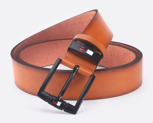 Stylish men's PU leather belt with alloy pin buckle, perfect for business suits and casual outfits.

