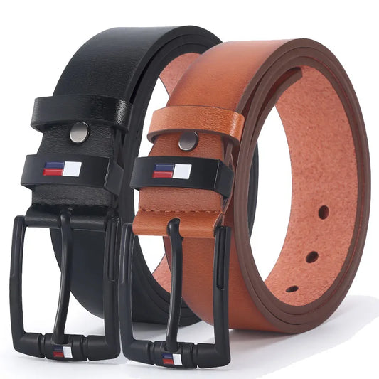 Stylish men's PU leather belt with alloy pin buckle, perfect for business suits and casual outfits.

