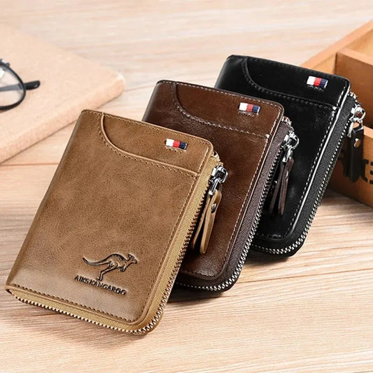 Premium men’s leather wallet with RFID protection, zipper compartment, and business card slots.

