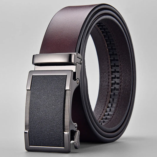 Premium men's automatic leather belt with polished metal buckle, high-quality leather, ideal for formal and casual attire