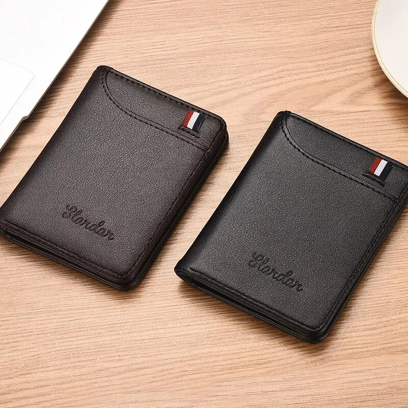 Slim vertical men’s wallet with multiple card slots and a clear ID window, crafted for modern minimalists.

