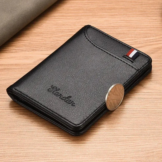 Slim vertical men’s wallet with multiple card slots and a clear ID window, crafted for modern minimalists.

