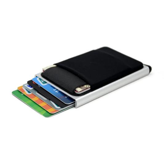 YUECEMIE slim aluminum RFID wallet with elastic card pocket in a minimalist, compact design.

