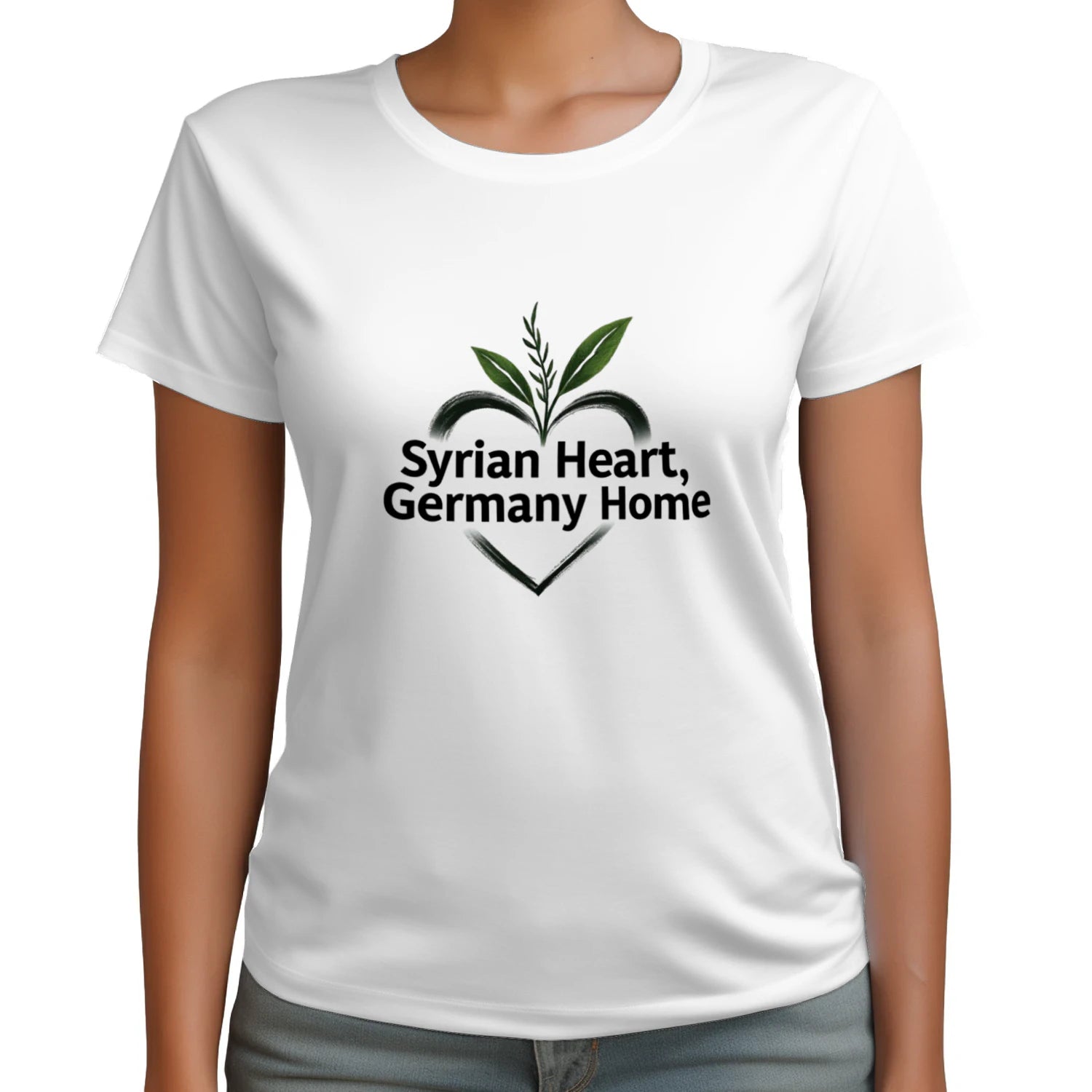 Logo Syrian Heart, Germany Home – Symbol für syrische Wurzeln und deutsche Heimat mit grünen Blättern im Herzen