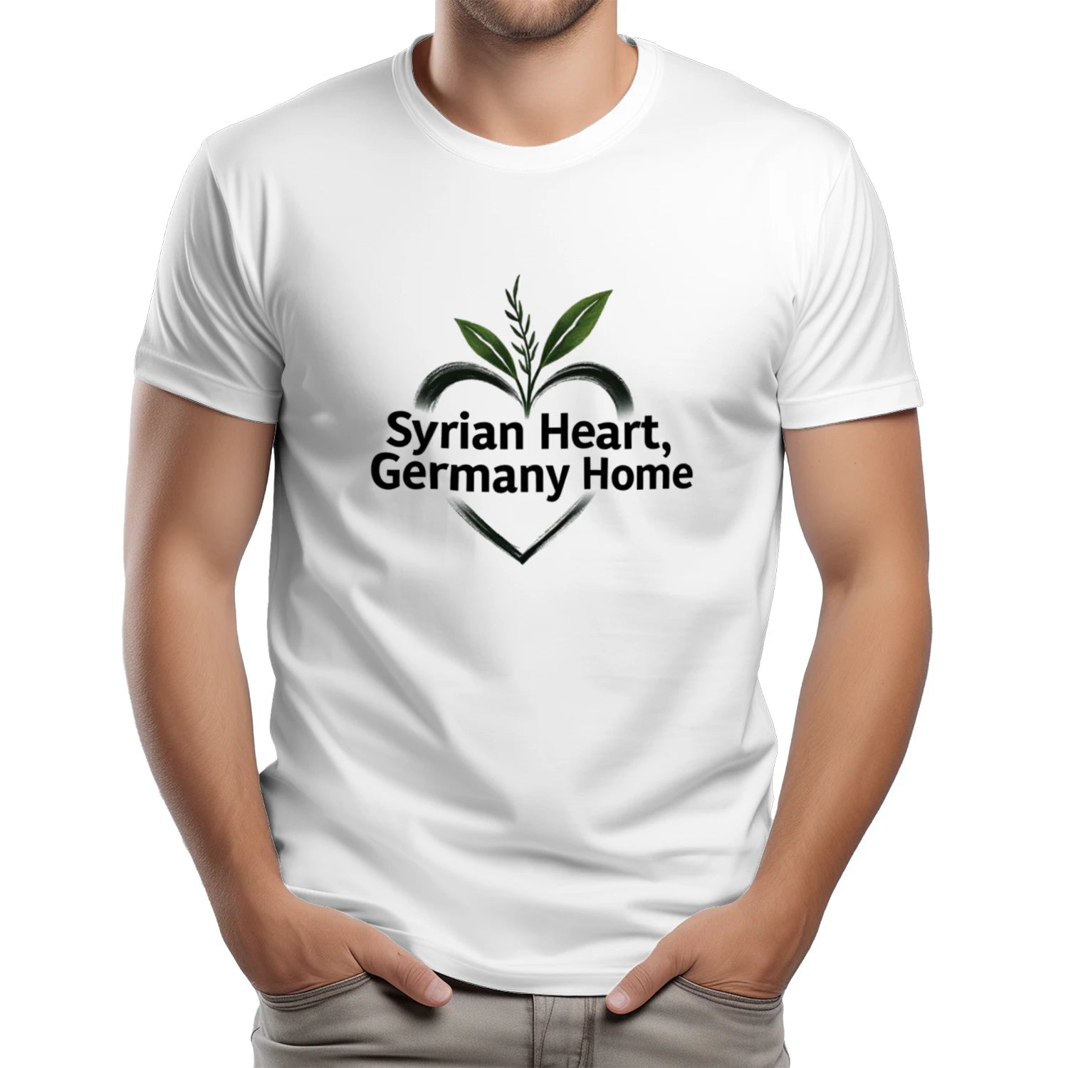 Logo Syrian Heart, Germany Home – Symbol für syrische Wurzeln und deutsche Heimat mit grünen Blättern im Herzen
